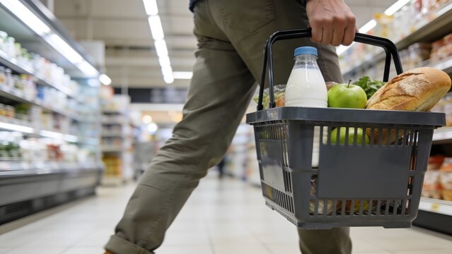 Shopper with reusable basket carrying fresh produce and bread in modern grocery store aisle