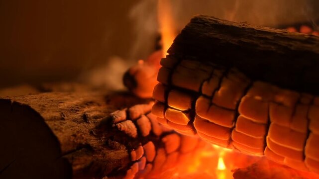 Burning log glowing above bright flames in a dark rustic hearth closeup