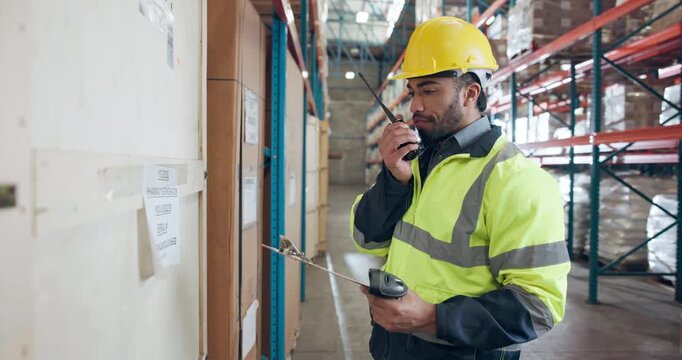 Logistics, barcode scanner and warehouse worker with radio, inventory checklist or communication. Man, reader and supply chain engineer with stock clipboard for freight, talk or update storage system