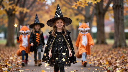 Fototapeta na wymiar Children in Halloween costumes walk through autumn leaves, smiling for the camera.