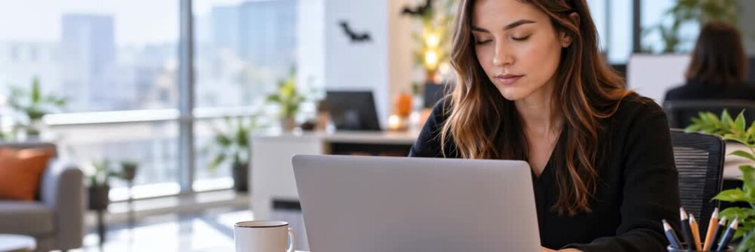 Woman working on a laptop in a Halloween decorated office, productivity website banner with copy space
