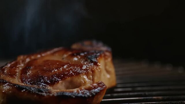 Grilled meat resting on hot rack with browned crust and rising steam in dark setting