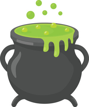 Witch Cauldron with Green Bubbling Potion Flat Illustration. Clean Icon Design Element Isolated on White Background