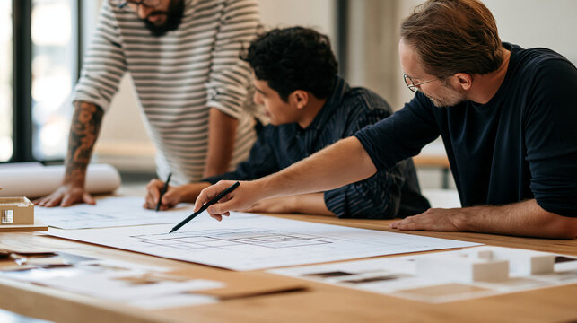Diverse interior design team meeting with an engineer around architectural blueprints, physical room model and moodboard materials, collaborative house planning, architecture,