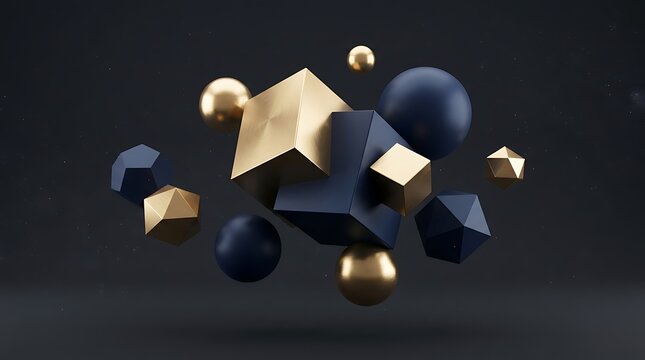 Abstract 3d composition featuring floating gold and dark blue geometric shapes, cubes, spheres, and polyhedrons on a dark background
