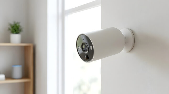 White smart security camera mounted on exterior wall.
