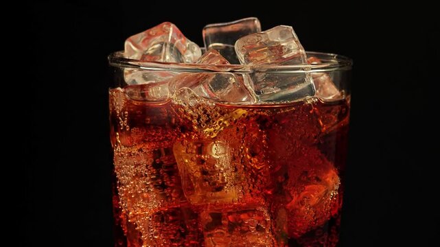 Cola with ice on black background.