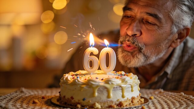 Senior man blowing out candles on a 60th birthday cake in a warm indoor setting