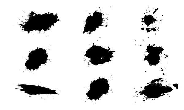 Grunge black ink splatters set, 9 abstract paint splash vector elements, distressed liquid spray textures for artistic graphic design