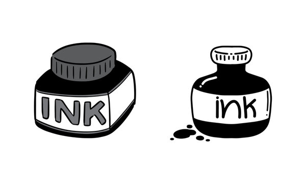 Hand-drawn ink bottle vector set, black inkwell illustrations with hand-lettered labels, vintage calligraphy ink pots in doodle style