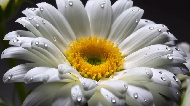 White daisy flower in full bloom among green stems against a dark background