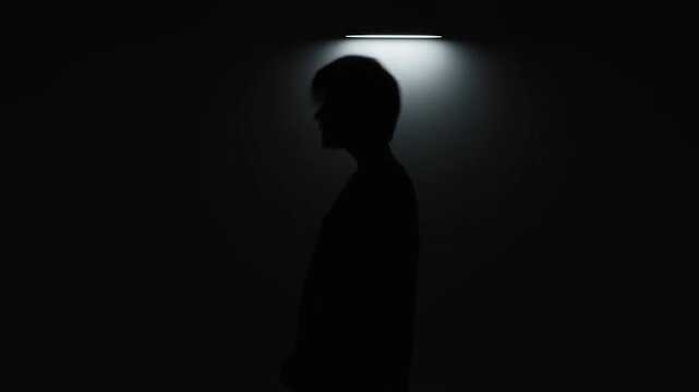 Person in SideProfile Silhouette as Hair Moves Beneath Overhead Light in Dark Room