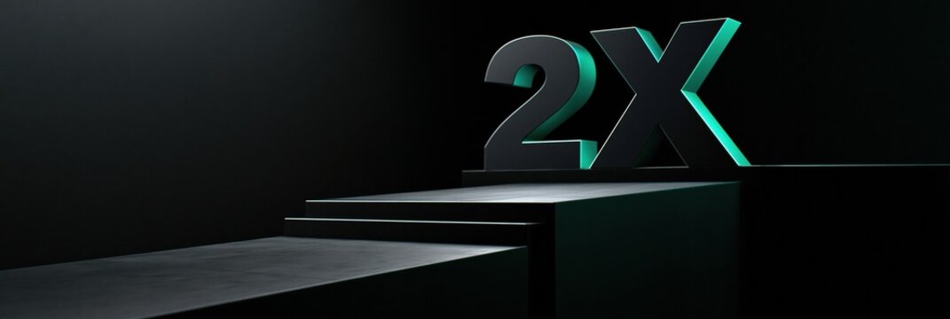 The scene shows 2X in dark graphite with a green edge. Two platforms rise towards the text. The setting has controlled lighting for a corporate feel.