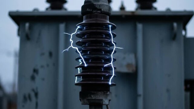 Ceramic insulator generating bright blue electrical sparks across ribbed ceramic surfaces covered in dark industrial soot
