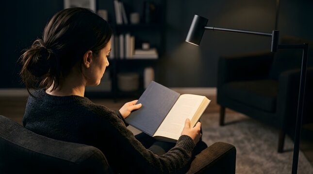 Young woman reading a book under desk lamp in dark living room
