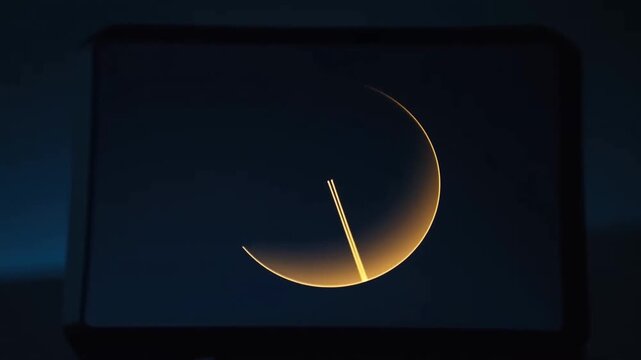 Golden crescent shape with light lines against a dark blue background