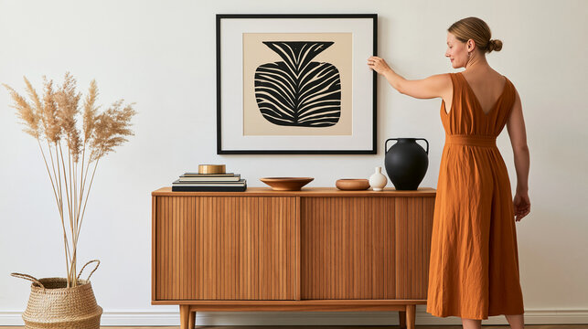 Female designer decorating a clean white wall with framed artwork and carefully positioned decorative elements, stylish residential interior, home styling, wall decor, interior