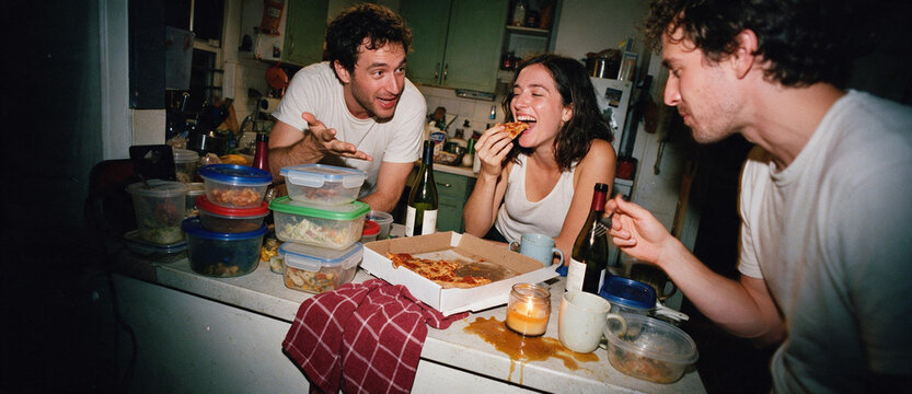 Three young adult friends hanging out in a messy kitchen at night. Group eating pizza and drinking wine in a cluttered apartment. Authentic candid lifestyle snapshot of roommates laughing and talking