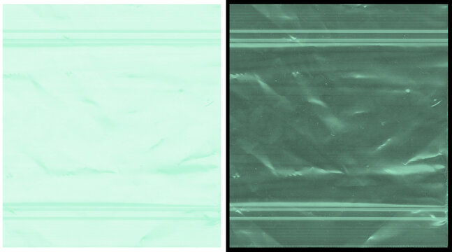 Crumpled plastic texture overlay, mint green wrinkled cellophane background, abstract transparent film surface with light reflections and creases
