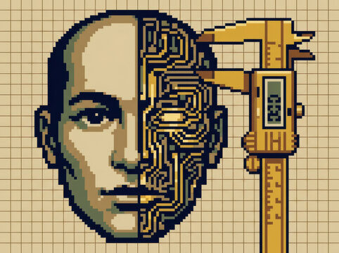 Pixel art portrait circuit board caliper measurement technology human integration cyborg evokes curiosity about precise fusion of man and machine