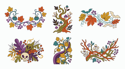 Obraz premium Whimsical Halloween decorative element set with hand-drawn skulls pumpkins and autumnal vine motifs
