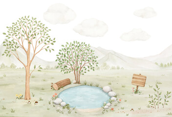 Obraz premium Watercolor landscape with round lake, tree, bush, log and sign against backdrop of mountains. Cute handmade illustration for your cartoon design, decoration, mural in kids room, template for wallpaper