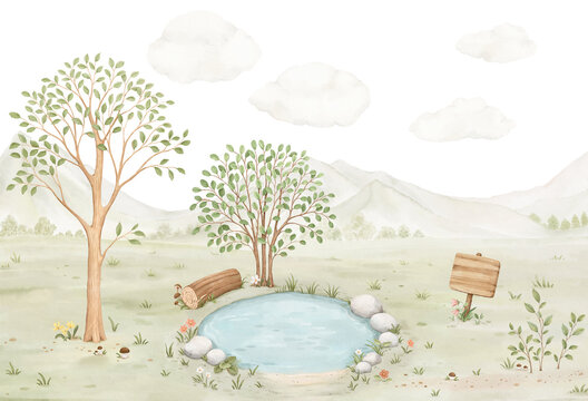 Watercolor landscape with round lake, tree, bush, log and sign against backdrop of mountains. Cute handmade illustration for your cartoon design, decoration, mural in kids room, template for wallpaper