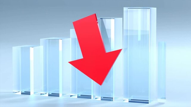 Red Arrow Pointing Down in Front of Glass Bar Chart Showing Financial Decline