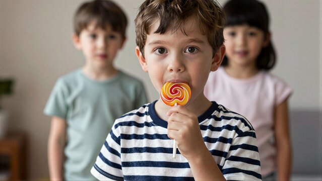 Young boy enjoys lollipop, two friends watch in soft focus behind him.
