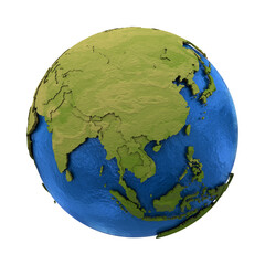 Detailed 3D render of the Asian continent on a blue globe, featuring raised green terrain, geographic borders, and realistic topographic textures on a white background. © Umm Hamzah