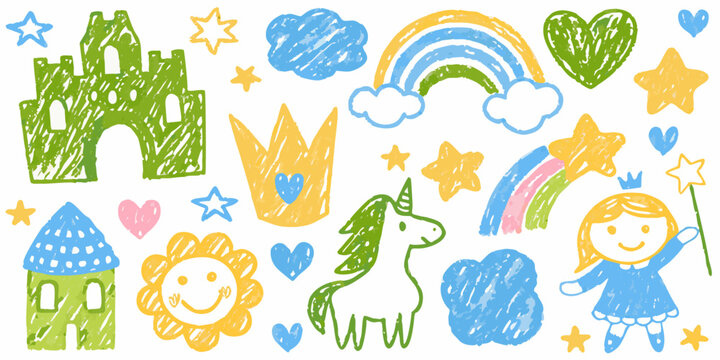 Kids Crayon Drawing Set of Fairytale Icons and Illustrations