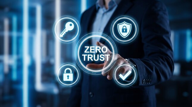 Businessperson interacting with a digital interface displaying the concept of zero trust security