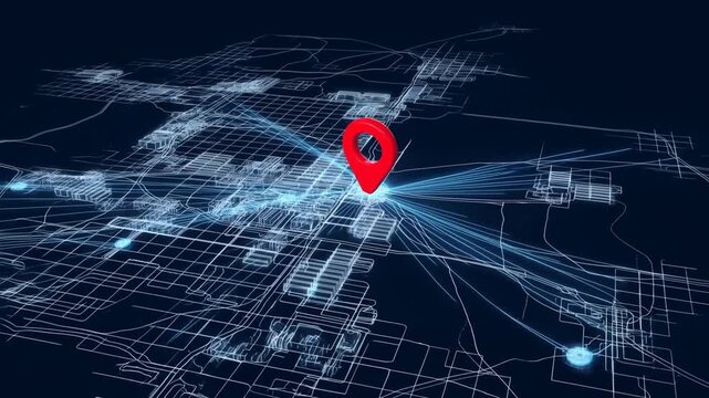 Red location pin marks a point on a dark abstract map with thin glowing lines