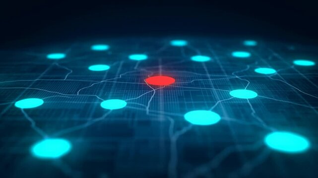 Glowing red hub connects with expanding cyan nodes across a dark digital network grid