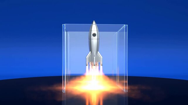 Silver rocket displayed inside transparent glass box on reflective dark surface