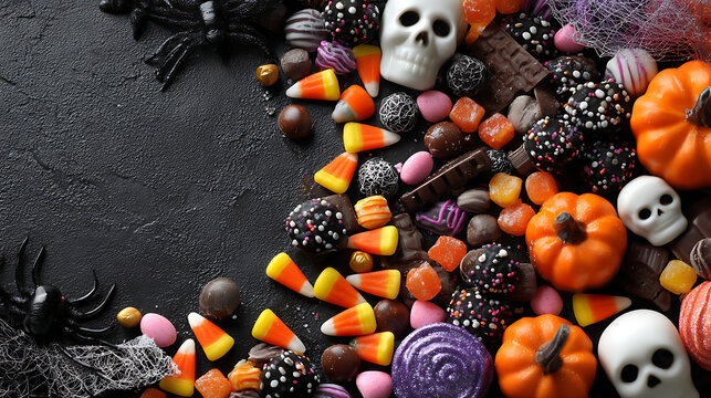 Halloween biscuits decorated with black and orange icing on a dark background
