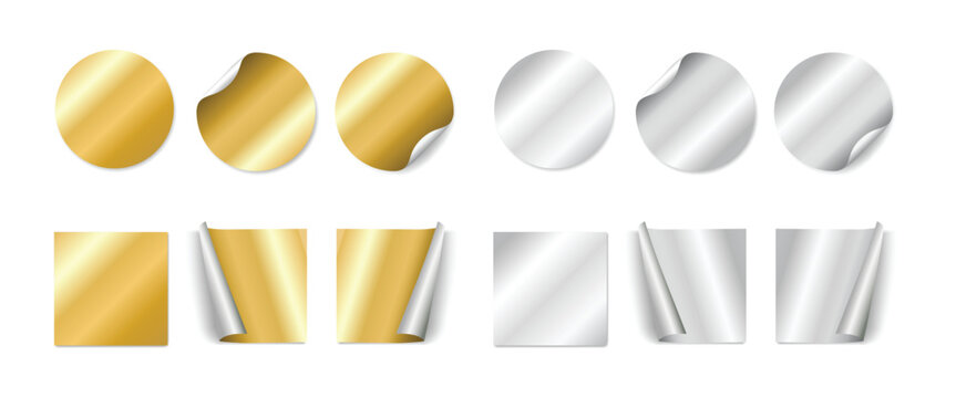 Collection of circular and square metallic sticker mockups in gold and silver colors with flat and curled corner peeling variations on light gray background for branding, packaging