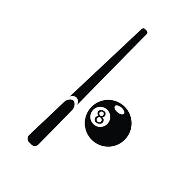 Pool cue stick and black 8 ball vector icon isolated on white background for snooker tournament or sports bar concept