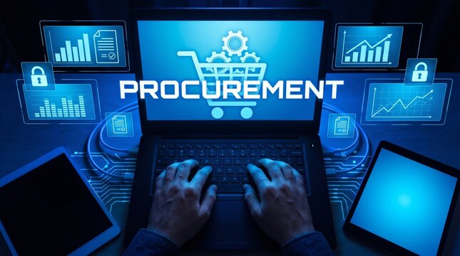 Digital procurement concept with hands typing on laptop and network connections