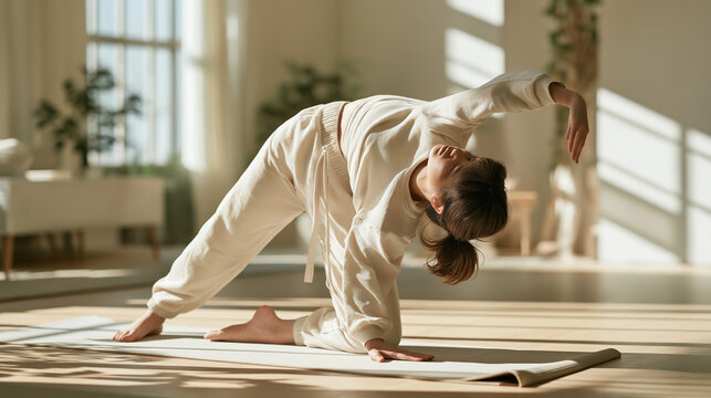 Young Asian Woman Practicing Side Stretch on Yoga Mat at Home, Morning Fitness Routine for Flexibility, Balance, Wellness and Healthy Living