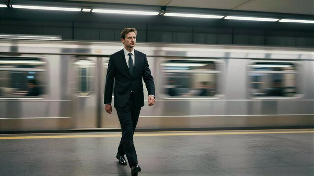 Two men in suits walk past a speeding subway train at an underground station.