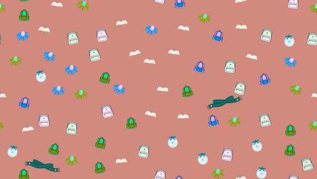Pattern of Backpacks, Books, Flowers, and Ornaments