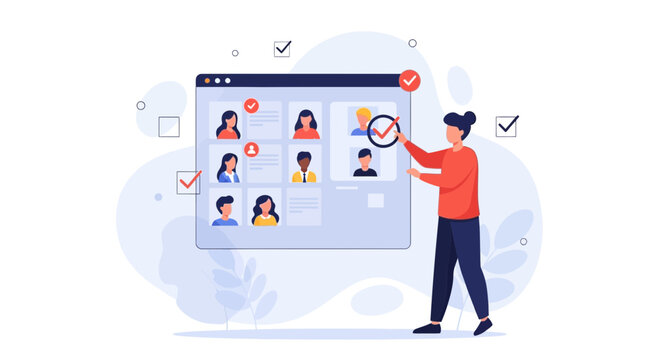 Recruitment process concept: selecting candidate from profile grid on computer screen by user with checklist