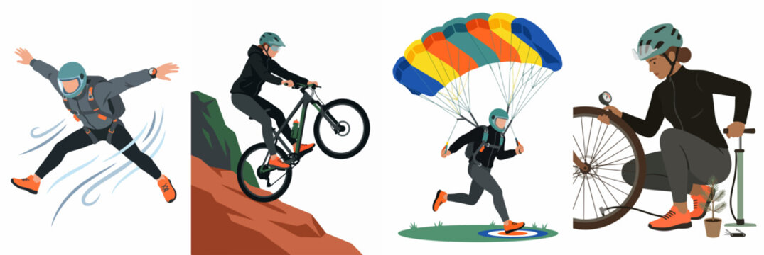 Illustrations of extreme sports activities including skydiving, mountain biking, paragliding, and bicycle maintenance.