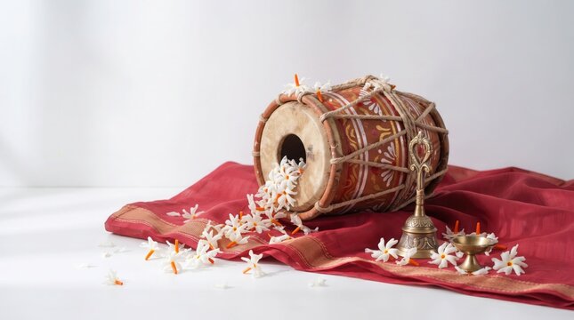 Dholak drum with shiuli flowers on red cloth