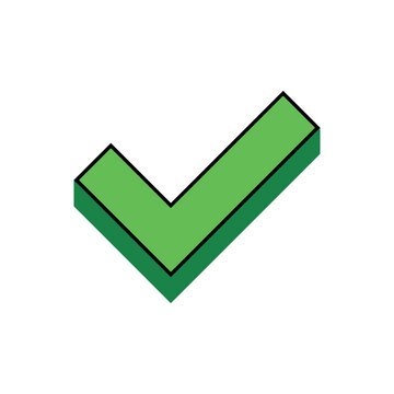 An isometric green checkmark symbol outlined in black, featuring a 3D extrusion effect against a plain white background. Tick icon illustration vector design isolated on a white background.