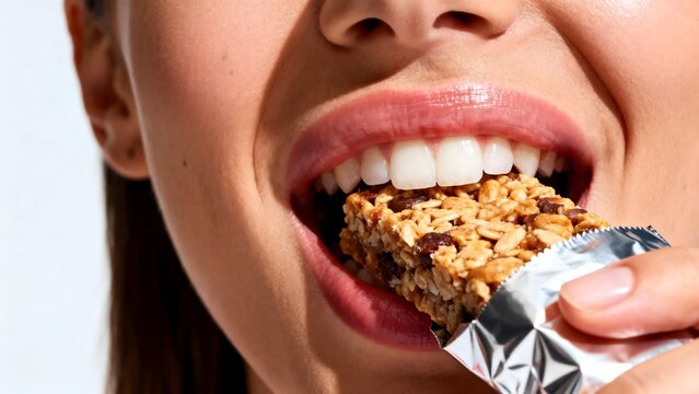 Young professional woman biting into granola bar snack during busy workday in office setting with clean white background