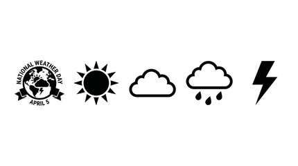 Fototapeta premium National Weather Day Icons Set Featuring Sun Cloud Rain and Lightning Symbols for Meteorological Forecast Visualizations