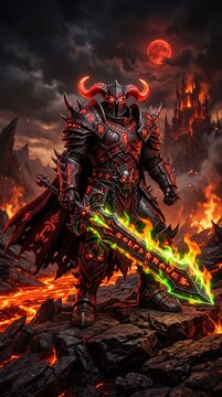 Fantasy demon king armor-clad warrior wielding glowing sword in fiery battlefield with dynamic lighting