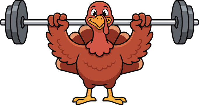 Cute cartoon turkey lifting barbell weight for Thanksgiving fitness workout vector illustration.
